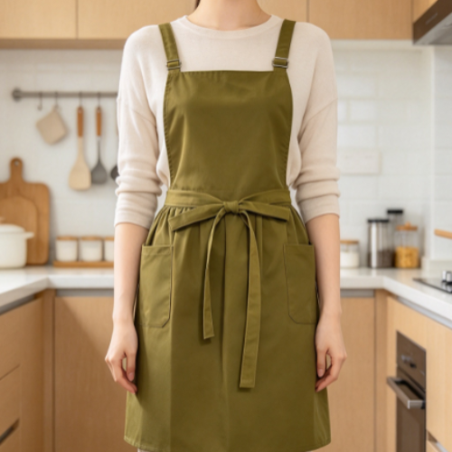 Solid-Color Kitchen Apron with Waist-Cinching Design – Adjustable Oil-Resistant Style