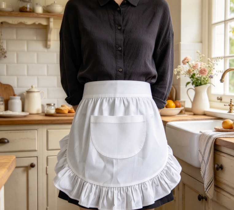 White Ruffled Half-Apron – Oil-Resistant Half-Apron for Home Baking - Image 2