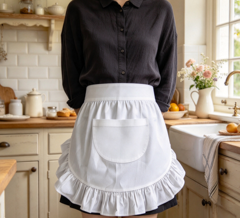 White Ruffled Half-Apron – Oil-Resistant Half-Apron for Home Baking