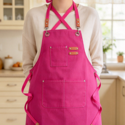 Fuchsia Cross-Back Kitchen Apron – Oil & Water-Resistant for Home Cooking