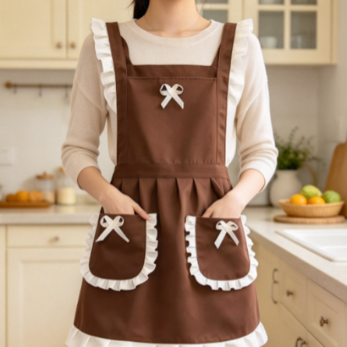 Brown Ruffled Bow Apron – Home Kitchen Oil-Resistant Baking Apron