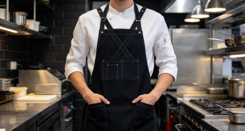 Black Cross-Back Denim Apron – Oil-Resistant & Durable for Commercial Kitchens - Image 2