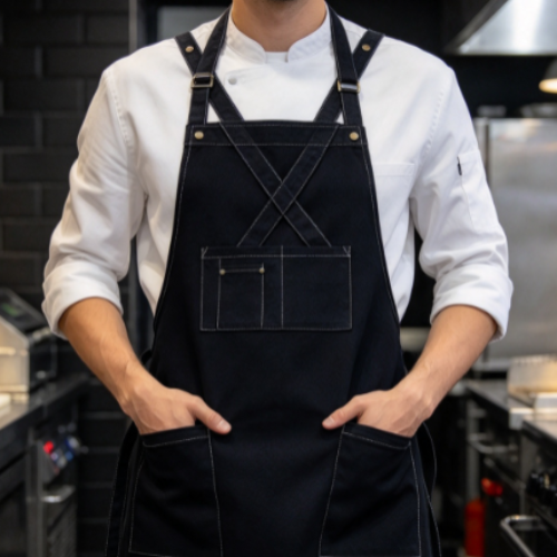 Black Cross-Back Denim Apron – Oil-Resistant & Durable for Commercial Kitchens