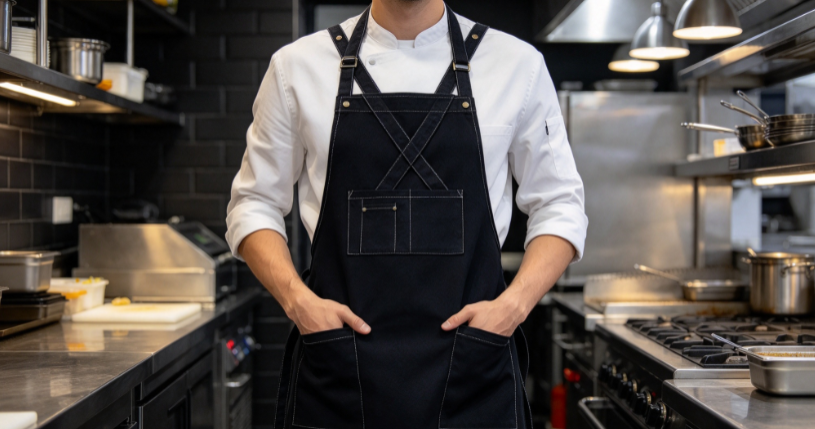 Black Cross-Back Denim Apron – Oil-Resistant & Durable for Commercial Kitchens