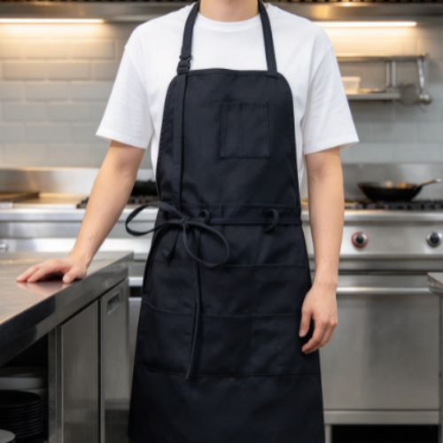 Black Halter-Neck Apron with Ties – Multi-Pocket Commercial Stain-Resistant Apron