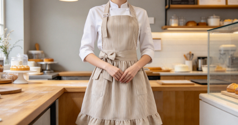 Striped Ruffled Tie-Back Kitchen Apron – Oil & Water-Resistant with Large Pockets - Image 2