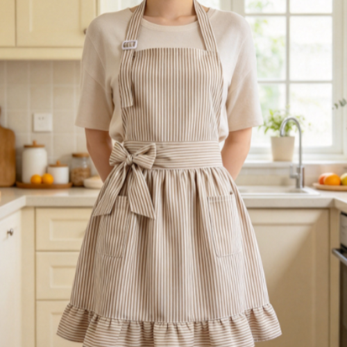 Striped Ruffled Tie-Back Kitchen Apron – Oil & Water-Resistant with Large Pockets