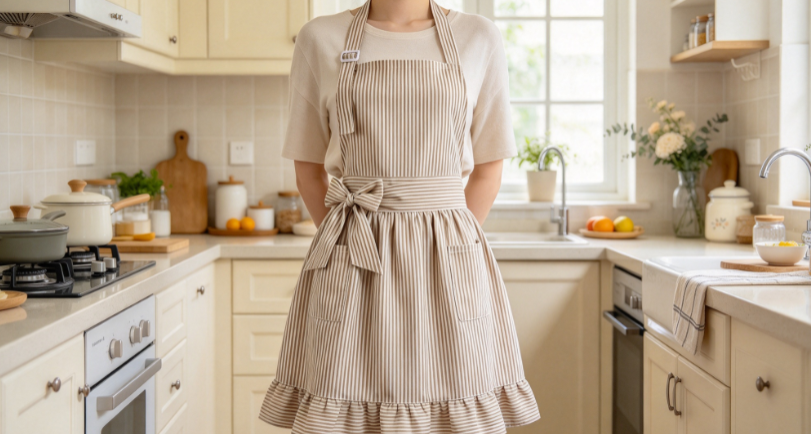 Striped Ruffled Tie-Back Kitchen Apron – Oil & Water-Resistant with Large Pockets