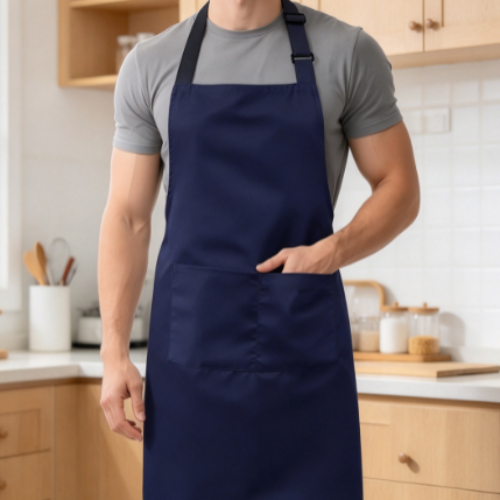 Navy Blue Solid-Color Halter-Neck Kitchen Apron – Dual-Pocket, Oil-Resistant Cooking Apron